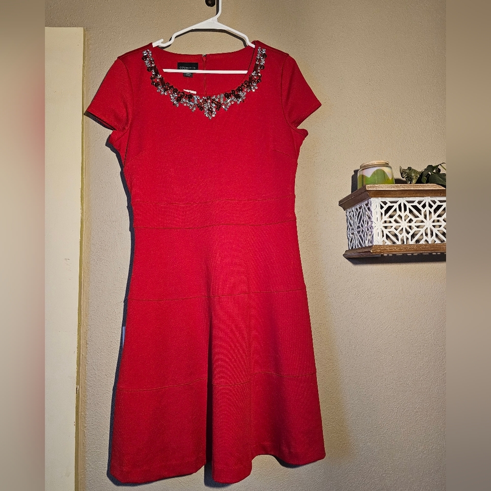 Elegant Red Dress with Embellished Neckline